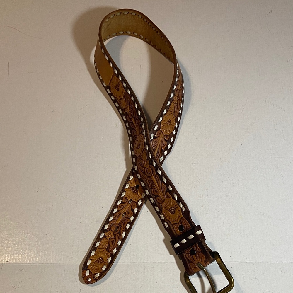 Hand Tooled Vintage Embossed Leather Belt with Snap off Belt Buckle